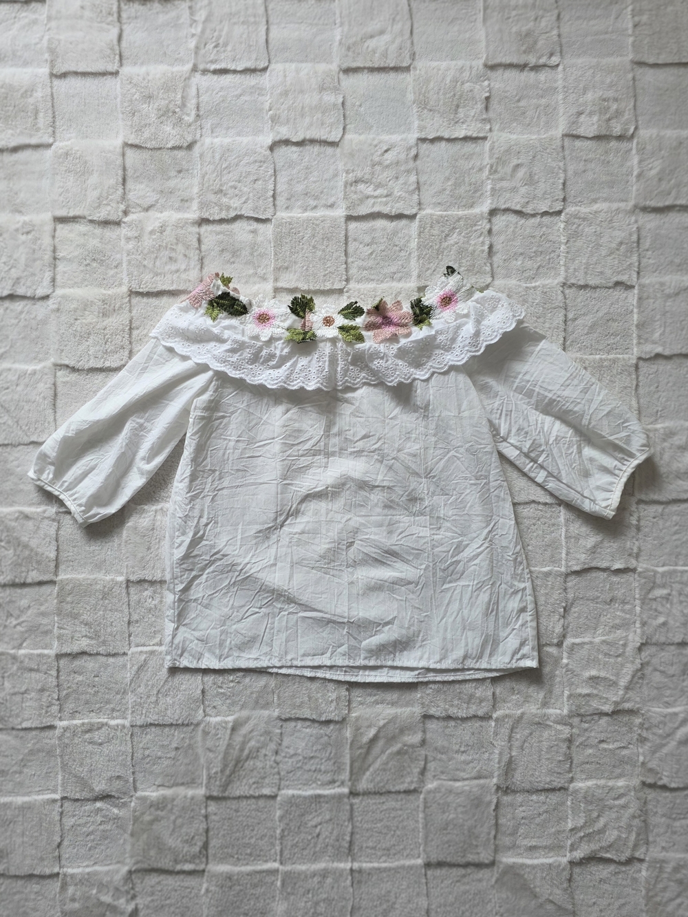 White Off-Shoulder Blouse with Pink Floral Embroidery